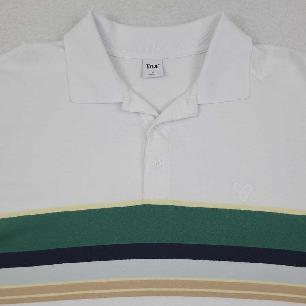 Aritzia TNA Essex Polo Shirt Womens Medium M White Green Stripes Cotton SS